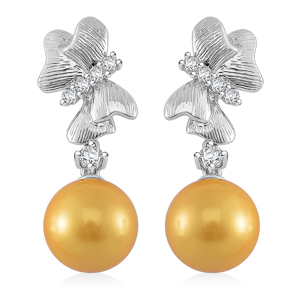 Golden Shell Pearl and Simulated Diamond 0.80 ctw Earrings in Silvertone with Steel Push Back