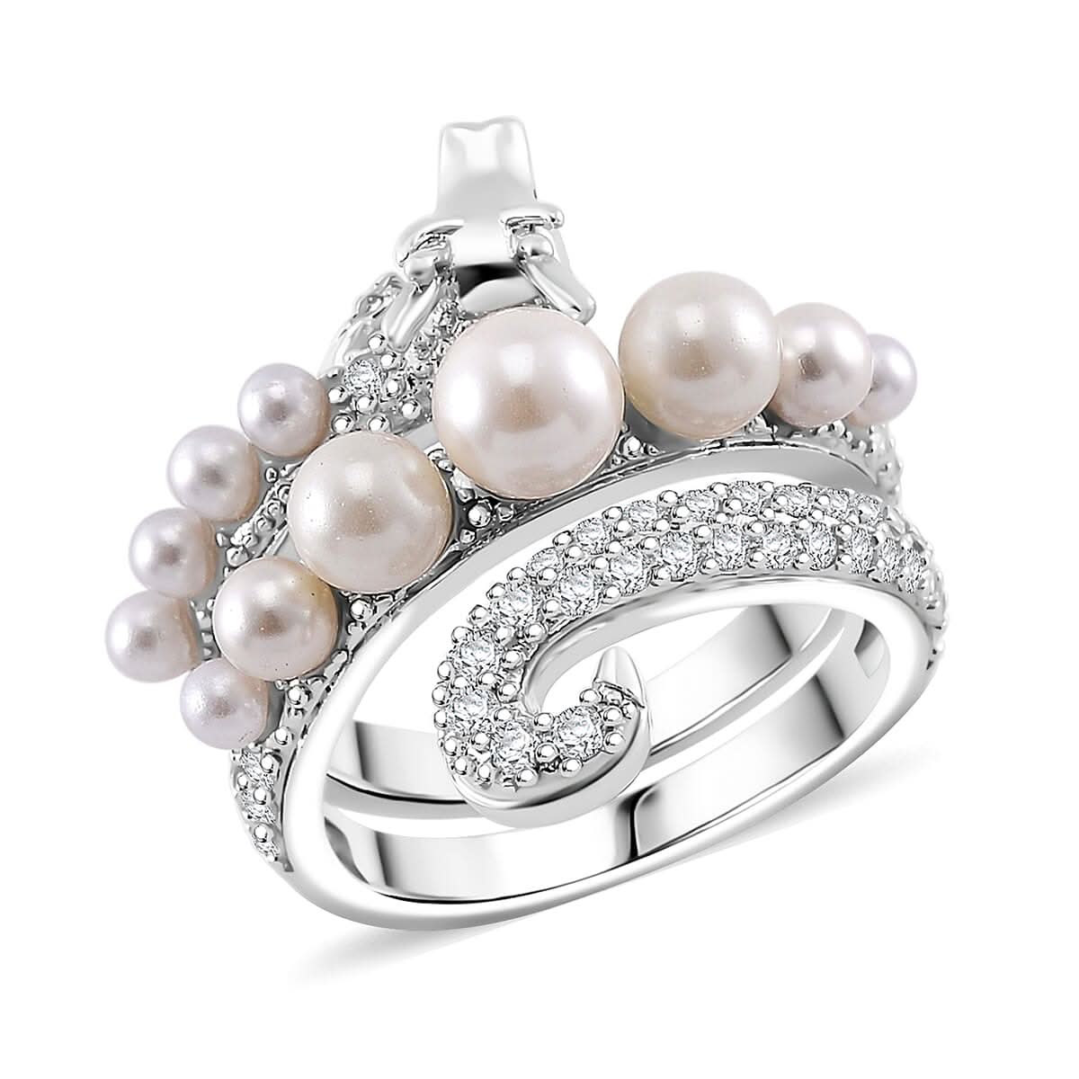 White Shell Pearl and Simulated Diamond 1.25 ctw Dragon Ring in Silvertone