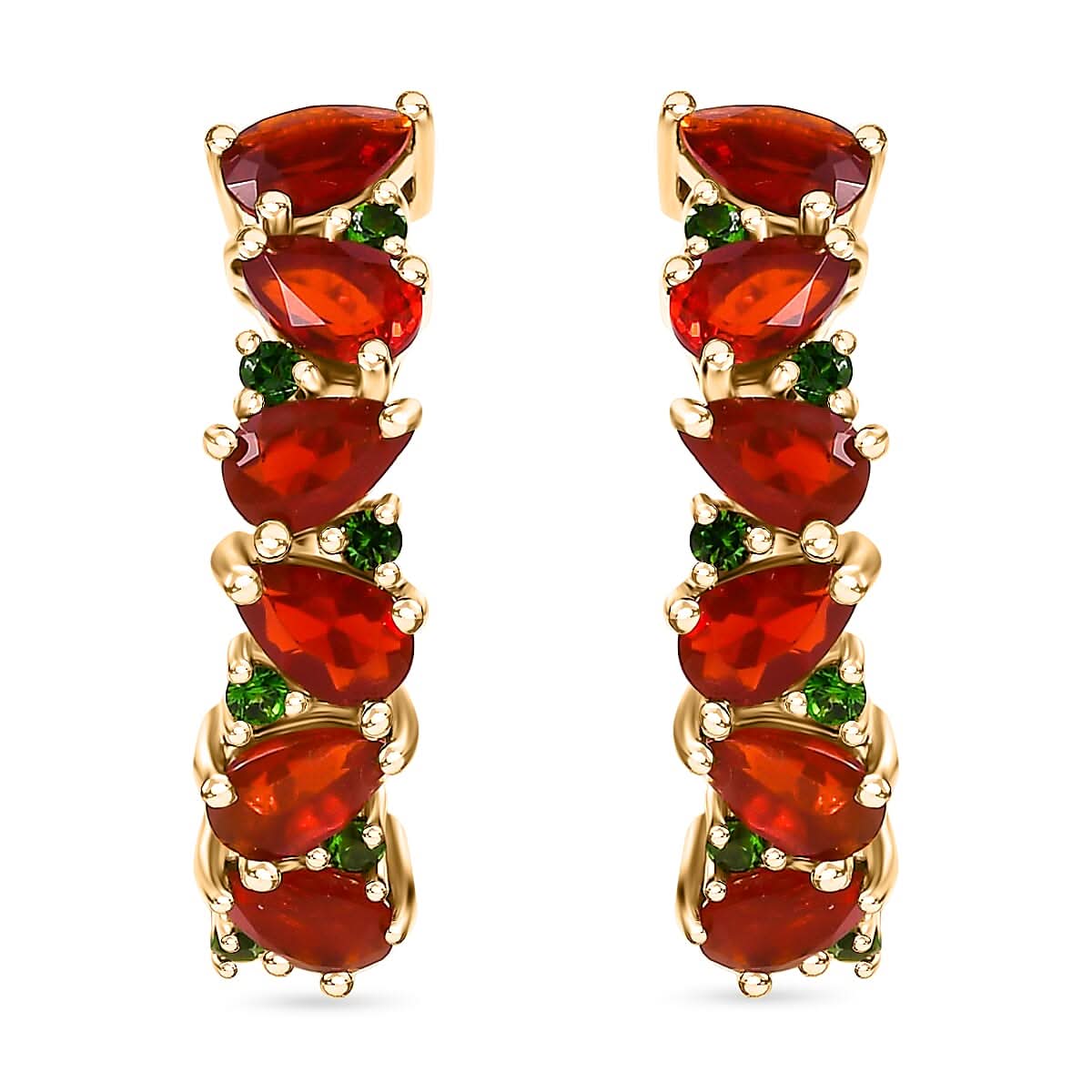 D'Joy Mexican Cherry Fire Opal and Chrome Diopside 1.85 ctw Art Deco Earrings in 18K Vermeil Yellow Gold Over Sterling Silver