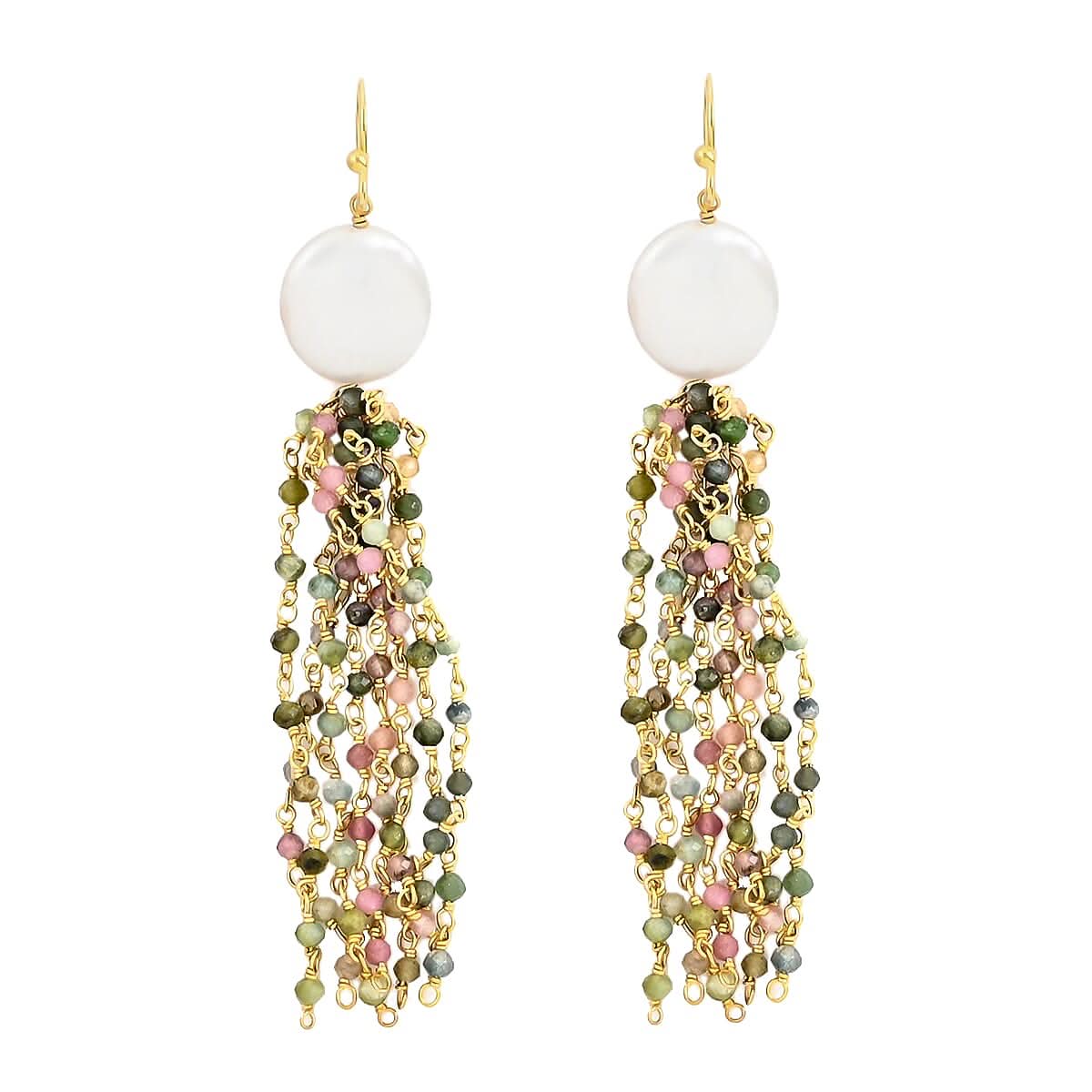 Mozambique Garnet, Freshwater Pearl Tassels Earrings in 14K YG Over Sterling Silver (7.50 g) 7.75 ctw