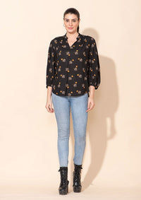 TAMSY Black Floral Printed Placket V-Neck Gathered Top - L