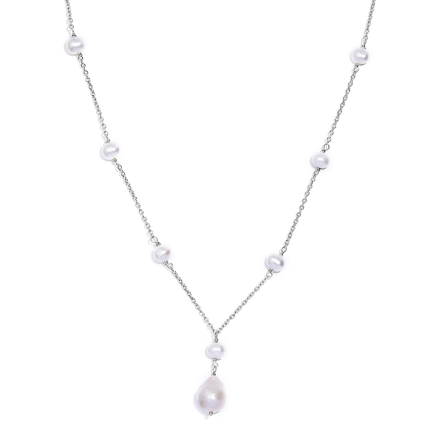 Organic Shape Baroque Pearl and White Freshwater Pearl Necklace 20 Inches in Stainless Steel