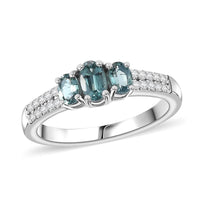 Pirineu Lagoon Tourmaline, Moissanite Trinity Ring in Rhodium Over Sterling Silver (Size 6.0) 0.80 ctw
