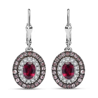 Orissa Rhodolite Garnet and Multi Gemstone 3.30 ctw Floral Double Halo Earrings in Rhodium Over Sterling Silver