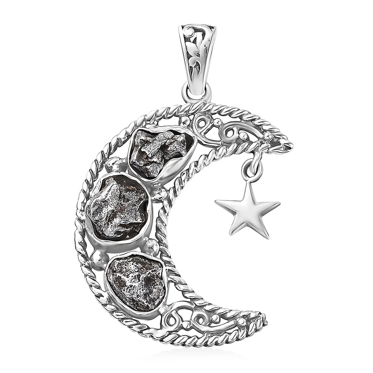 D'Joy Artisan Crafted Rough Cut Marvelous Meteorite Moon Star Pendant without Chain in Sterling Silver