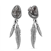 D'Joy Artisan Crafted Rough Cut Marvelous Meteorite Feather Earrings in Black Oxidized Sterling Silver