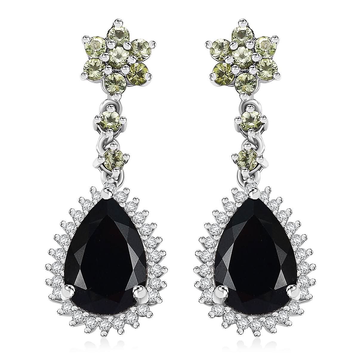 D'Joy California Black Jade and Multi Gemstone 7.70 ctw Flower Drop Earrings in Rhodium Over Sterling Silver