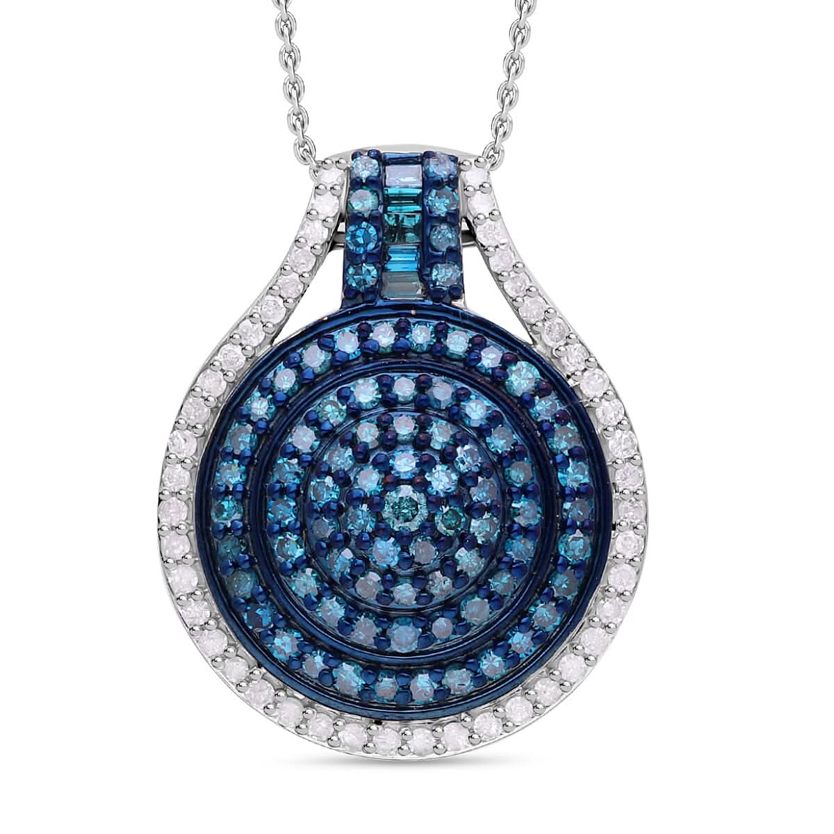 Doorbuster Blue Diamond (IR), White Diamond Pendant in Platinum Over Sterling Silver 1.00 ctw