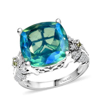 Peacock Triplet Quartz ,  Peridot ,  White Zircon  Main Stone With Side Stone Ring in rhodium Sterling Silver 10.30 ctw ,  Silver Wt. 5 g