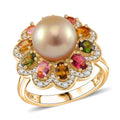 South Sea Golden Cultured Pearl 9-10mm, Multi Gemstone Blossom Ring in 18K Vermeil YG Over Sterling Silver (Size 10.0) 2.30 ctw - Sticky add to cart bar