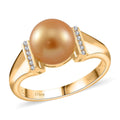 South Sea Golden Pearl 9-10mm, Diamond Men's Ring in 18K Vermeil YG Over Sterling Silver (Size 9.0) - Sticky add to cart bar