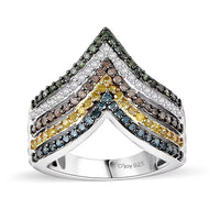 Doorbuster Multi Diamond (Natural & IR) Chevron Ring in Rhodium Over Sterling Silver (Size 10.0) 0.90 ctw