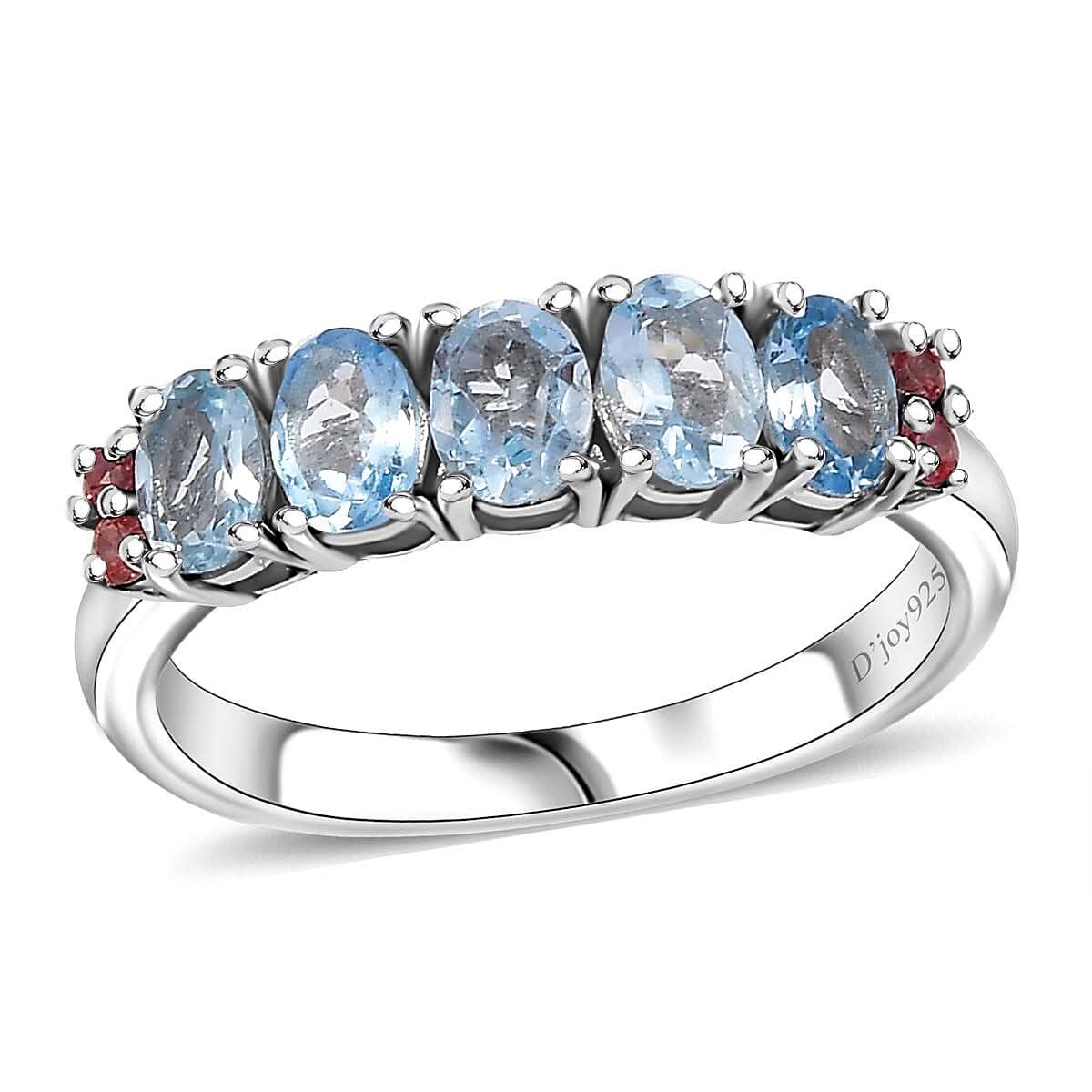 Santa Maria Aquamarine, Padparadscha Sapphire Ocean Breeze Ring in Rhodium Over Sterling Silver (Size 7.0) 0.90 ctw