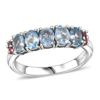 Santa Maria Aquamarine, Padparadscha Sapphire Ocean Breeze Ring in Rhodium Over Sterling Silver (Size 7.0) 0.90 ctw