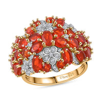 Mexican Cherry Fire Opal and Moissanite 3.30 ctw Flower Ring in 18K Vermeil Yellow Gold Over Sterling Silver