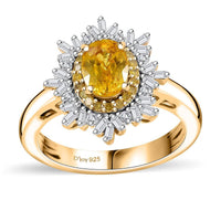 Madagascar Yellow Sapphire, Natural Yellow and White Diamond (I3) (0.33 cts) Sunburst Ring in 18K Vermeil YG Over Sterling Silver (Size 10.0) (Del. in 10-12 Days) 1.40 ctw