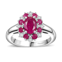 Premium Montepuez Ruby, Moissanite Floral Ring in Rhodium Over Sterling Silver (Size 10.0) 1.65 ctw