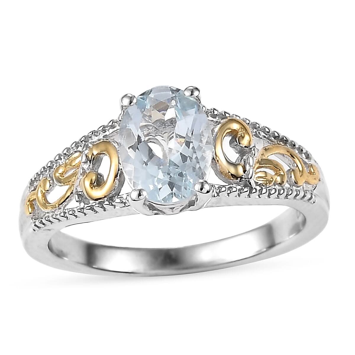 Mangoro Aquamarine Solitaire Ring in 18K Vermeil YG and Rhodium Over Sterling Silver (Size 10.0) 1.10 ctw