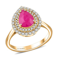 Certified & Appraised Luxoro 14K Yellow Gold AAA Royal Ruby, Diamond (G-H, I2) (0.43 cts) Double Halo Ring (Size 10.0) (4.70 g) 2.15 ctw