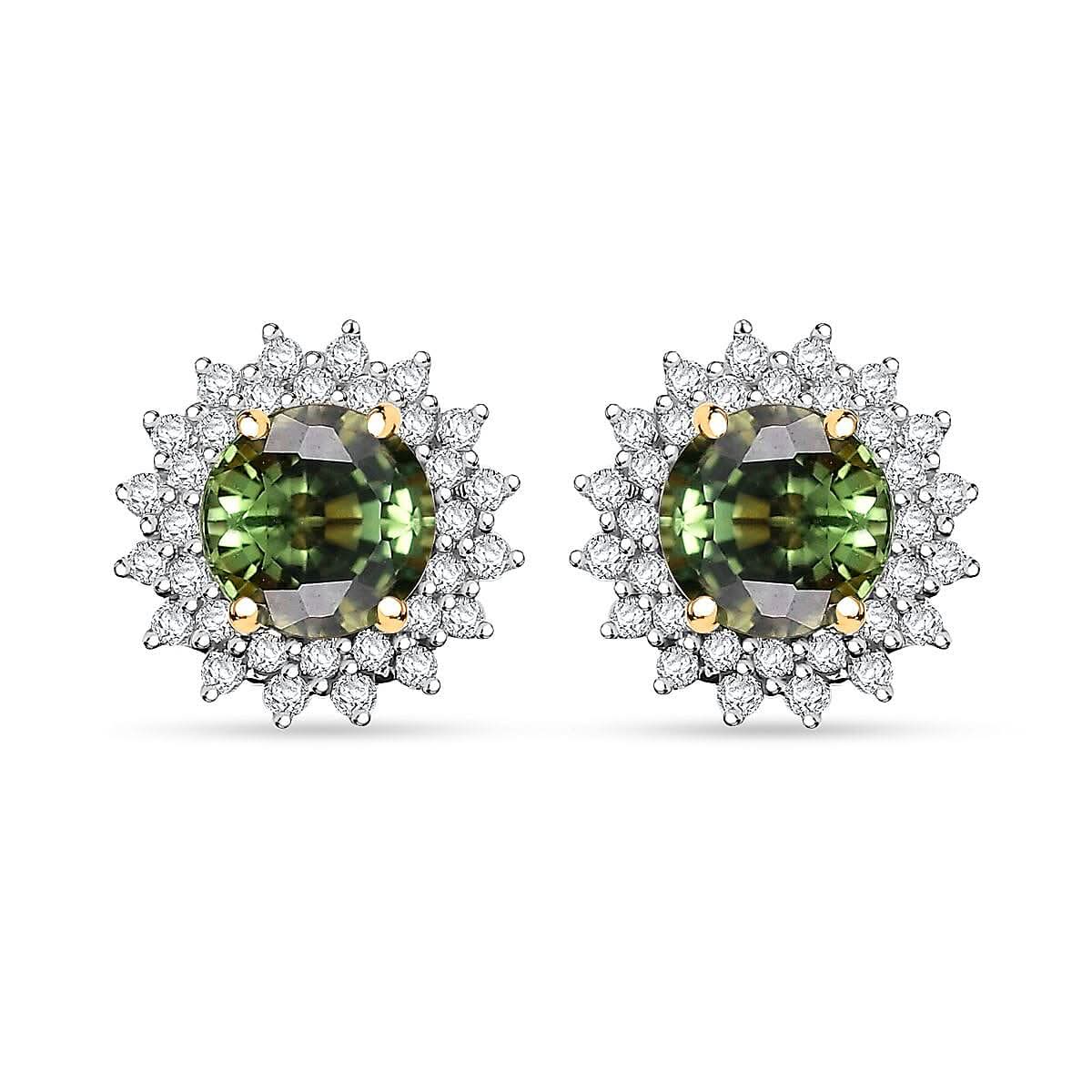 Certified & Appraised Luxoro AAA Green Sapphire and G-H I2 Diamond 2.20 ctw Sunburst Stud Earrings in 14K Yellow Gold