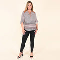 TAMSY Orange Tapestry Printed Zip Neckline 3/4 Sleeve Blouse - S - Sticky add to cart bar