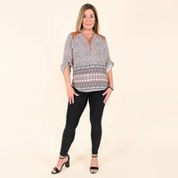 TAMSY Orange Tapestry Printed Zip Neckline 3/4 Sleeve Blouse - S