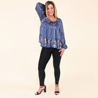 TAMSY Navy Floral Paisley Babydoll Long Sleeve Blouse - S