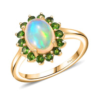 Premium Ethiopian Welo Opal, Chrome Diopside Sunburst Ring in 18K Vermeil YG Over Sterling Silver (Size 10.0) 1.65 ctw