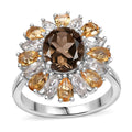 Brazilian Smoky Quartz, Multi Gemstone Floral Ring in Rhodium Over Sterling Silver (Size 7.0) 5.65 ctw - Sticky add to cart bar