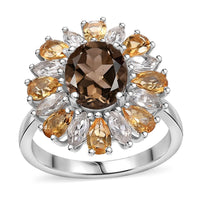 Brazilian Smoky Quartz, Multi Gemstone Floral Ring in Rhodium Over Sterling Silver (Size 7.0) 5.65 ctw