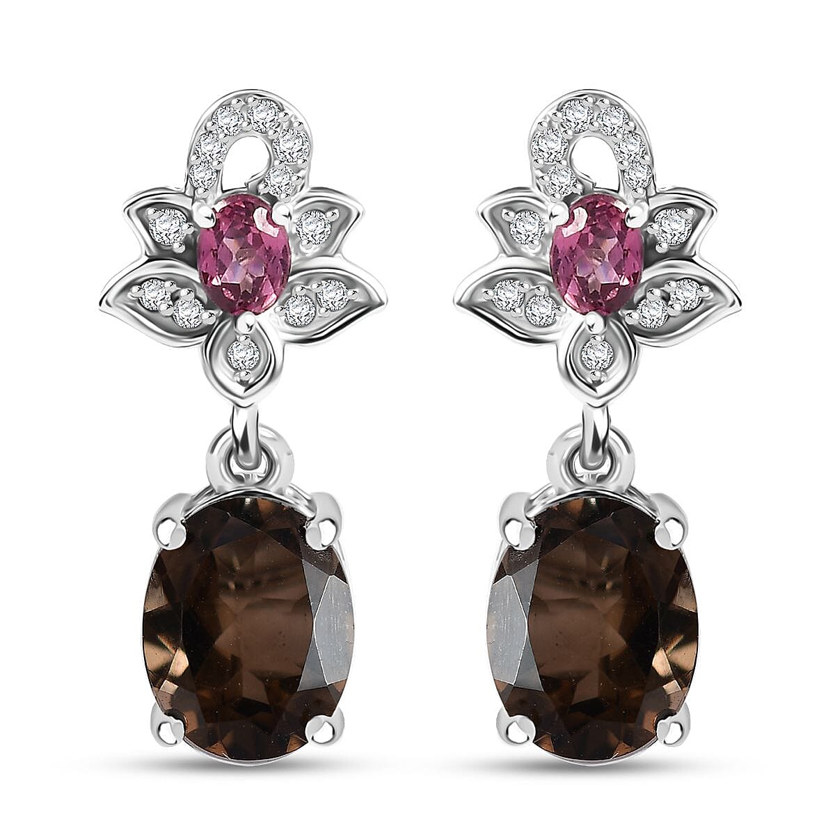 D'Joy Brazilian Smoky Quartz and Multi Gemstone 4.25 ctw Lotus Earrings in Rhodium Over Sterling Silver