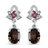 D'Joy Brazilian Smoky Quartz and Multi Gemstone 4.25 ctw Lotus Earrings in Rhodium Over Sterling Silver