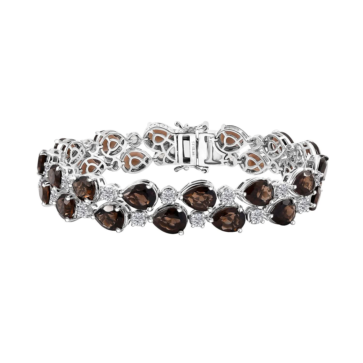 Karis Premium Brazilian Smoky Quartz, White Zircon Bracelet in Platinum Bond (7.25 In) 32.50 ctw