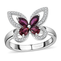 Anthill Garnet, White Zircon Butterfly Ring in Rhodium Over Sterling Silver (Size 6.0) 1.00 ctw