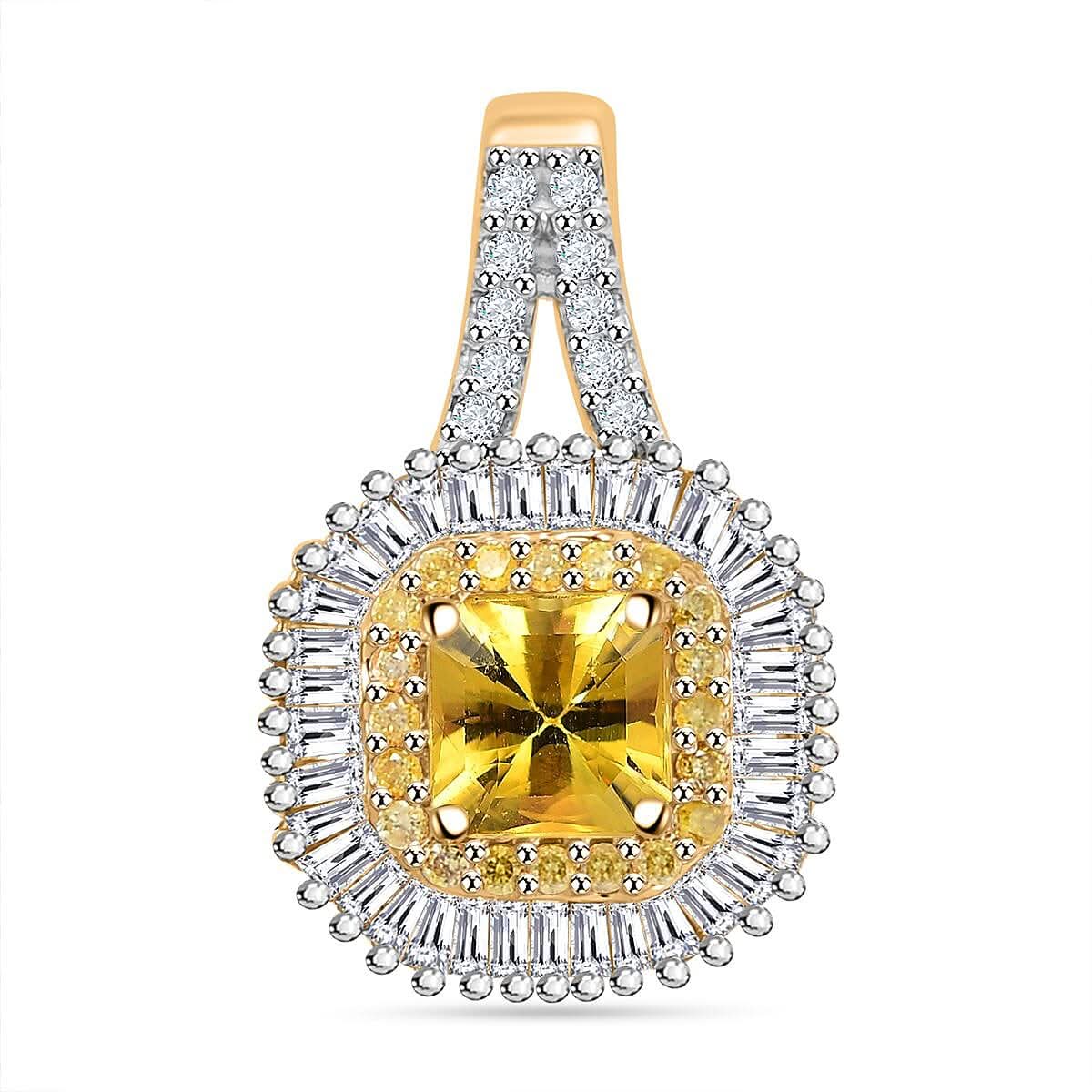 Luxoro AAA Madagascar Yellow Sapphire, I2 White and Yellow Diamond 1.45 ctw Double Halo Pendant without Chain in 14K Yellow Gold