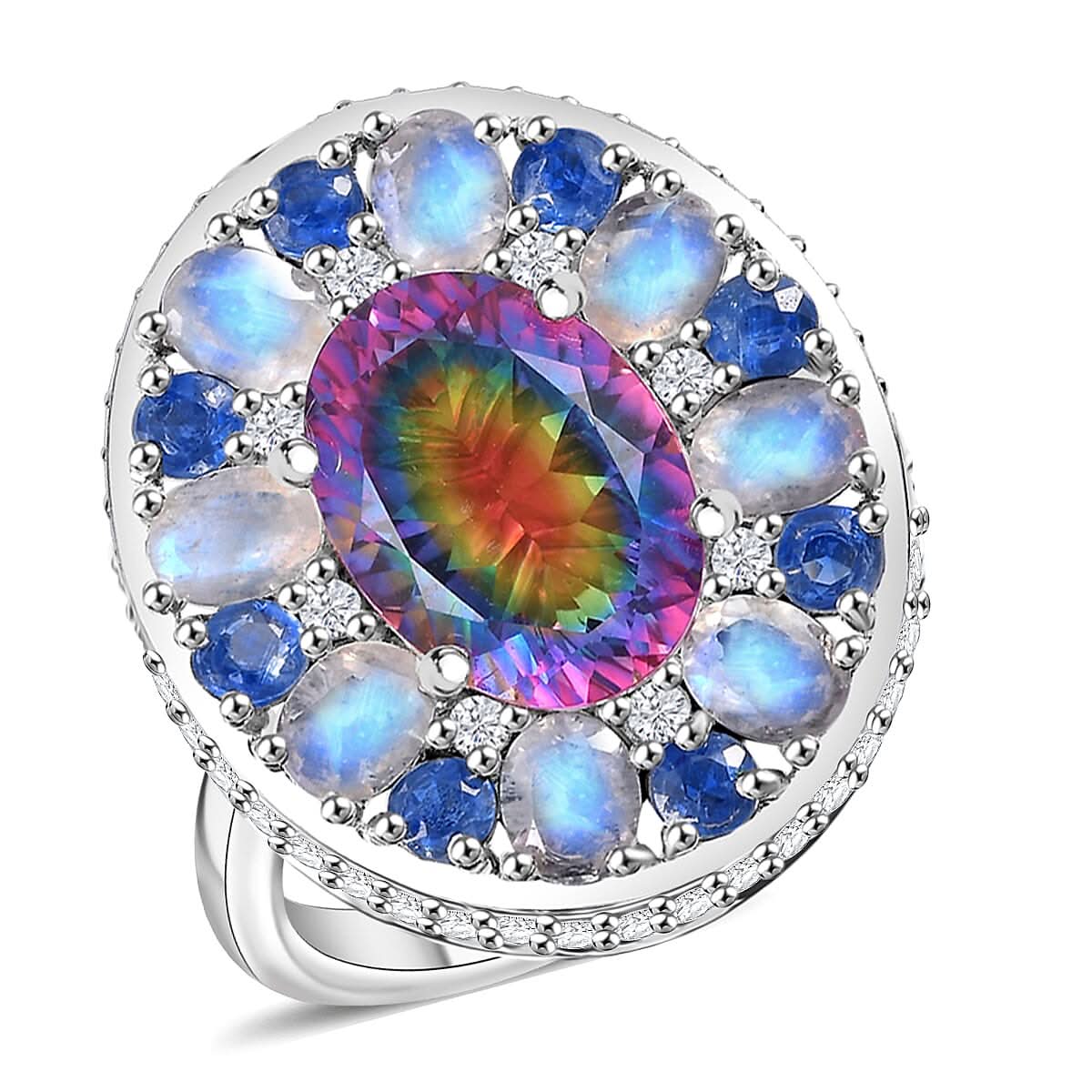 Premium Nebula Quartz Doublet, Multi Gemstone Ring in Rhodium Over Sterling Silver (Size 10.0) 11.75 ctw