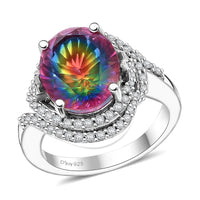 Premium Nebula Quartz Doublet, White Zircon Ring in Rhodium Over Sterling Silver (Size 10.0) 5.70 ctw
