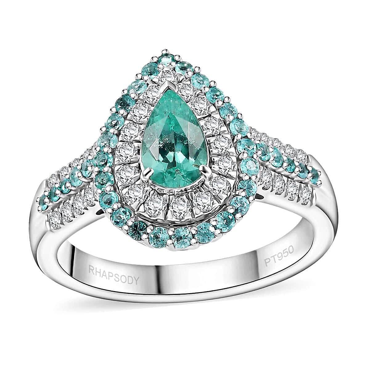 Rhapsody 950 Platinum AAAA Paraiba Tourmaline, Diamond (E-F, VS) Ring (Size 9.0) (10.30 g) 1.38 ctw
