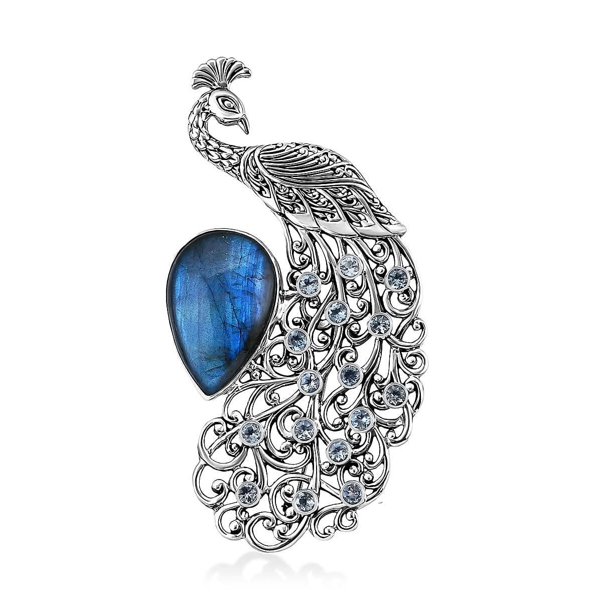 Bali Legacy AAA Malagasy Labradorite and Sky Blue Topaz 46.20 ctw Peacock Brooch in Sterling Silver