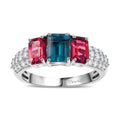 AAA Monte Belo Indicolite and Multi Gemstone 2.80 ctw Trilogy Ring in Rhodium Over Sterling Silver (Size 6.0) - Sticky add to cart bar