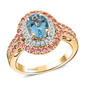 Certified & Appraised Luxoro 14K Yellow Gold AAA Santa Maria Aquamarine, Mahenge Spinel, Diamond (I2) Double Halo Ring (Size 6.0) (5.05 g) 2.05 ctw - Sticky add to cart bar