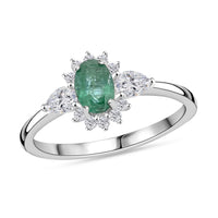Premium Kagem Zambian Emerald and White Zircon 1.00 ctw Ring in Rhodium Over Sterling Silver