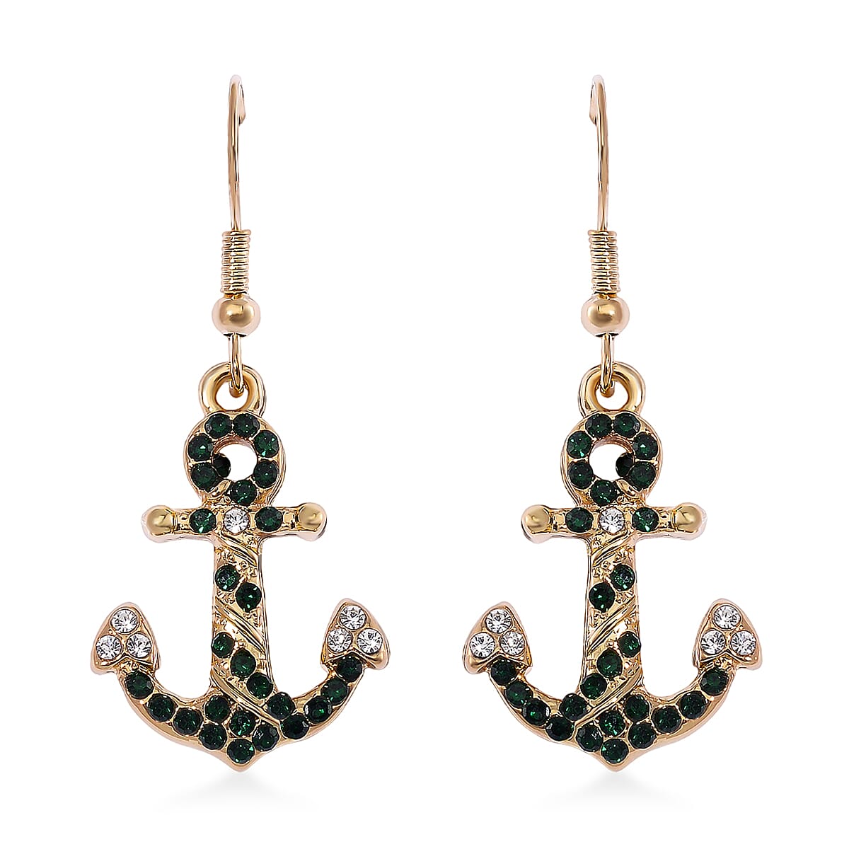 White and Green Austrian Crystal Anchor Earrings in Goldtone
