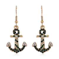 White and Green Austrian Crystal Anchor Earrings in Goldtone