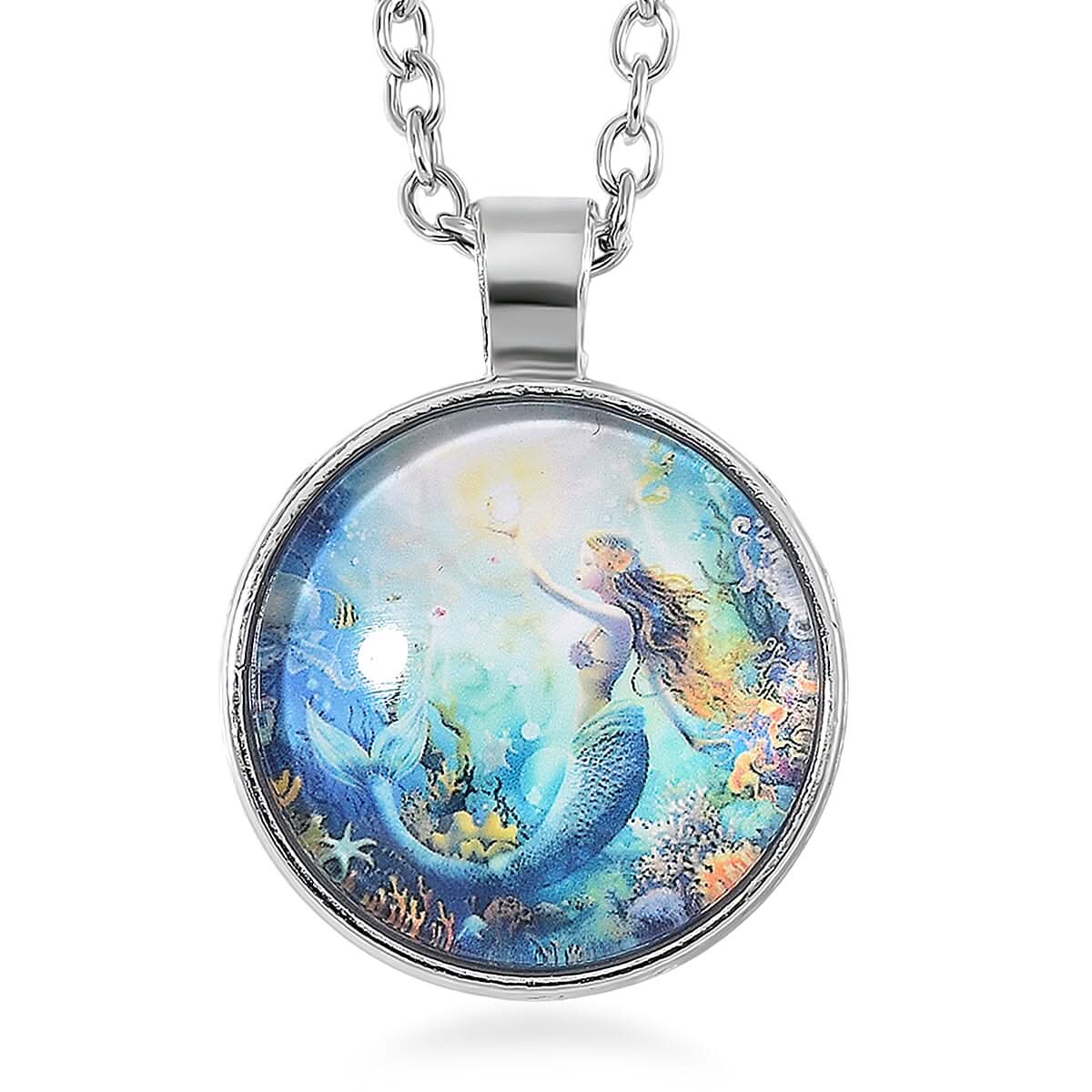 Glass, Enameled Mermaid Pendant Necklace (20-22 Inches) in Silvertone