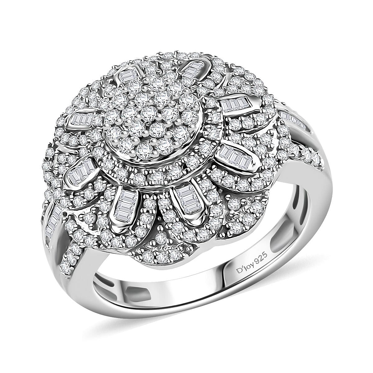 Diamond Floral Ring in Rhodium Over Sterling Silver (Size 10.0) 1.00 ctw