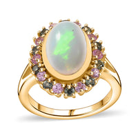 um Ethiopian Welo Opal, Pink and Green Sapphire Halo Ring in 18K Vermeil YG Over Sterling Silver (Size 10.0) 3.20 ctw
