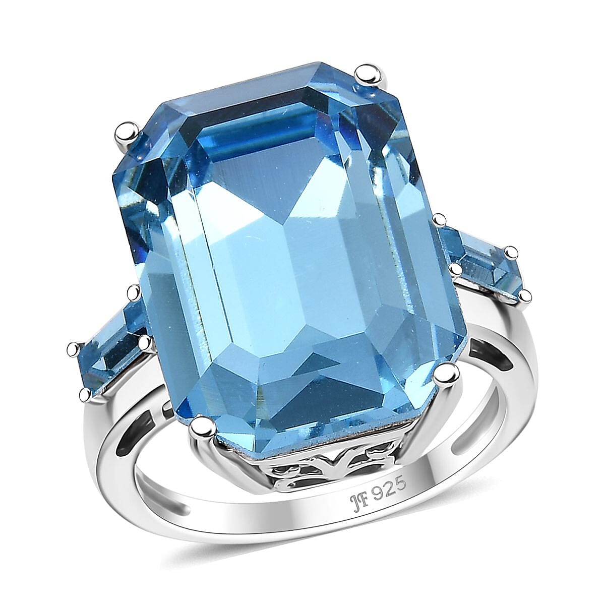 J Francis Embellished with Aquamarine Color Crystal by Swarovski Ring in Rhodium Over Sterling Silver (Size 10.0) 13.30 ctw