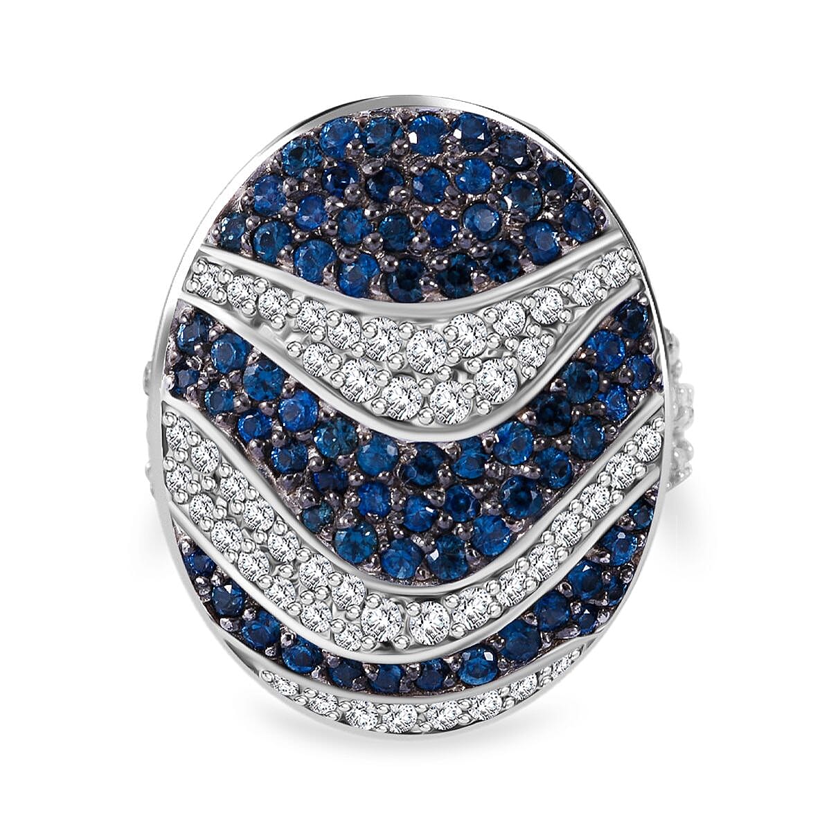 Madagascar Blue Sapphire, White Zircon Ocean Waves Ring in Rhodium Over Sterling Silver (Size 10.0) 3.15 ctw