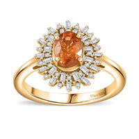 Fanta Garnet, Natural Champagne and White Diamond (0.32 cts) Sunburst Ring in 18K Vermeil YG Over Sterling Silver (Size 8.0) (Del. in 10-12 Days) 1.50 ctw
